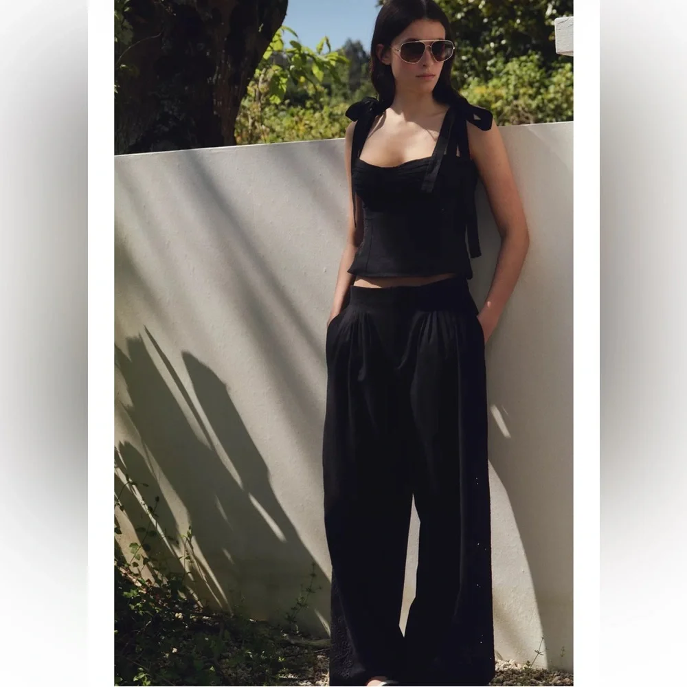 Zara NWT multi pleat linen blend embroidered pants black 0881/407 - Picture 9 of 10